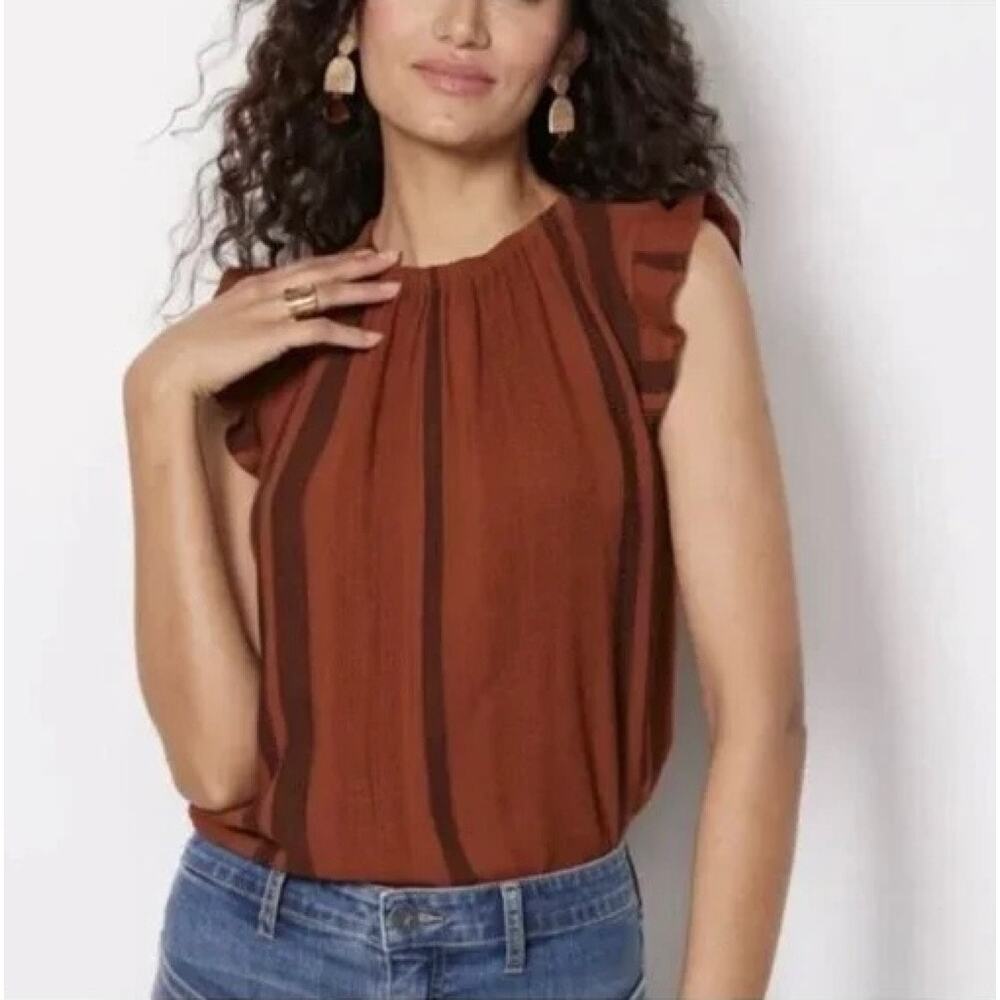 Anthropologie Cloth & Stone Stripe Ruffle Tank Top size Large Rust Linen Blend